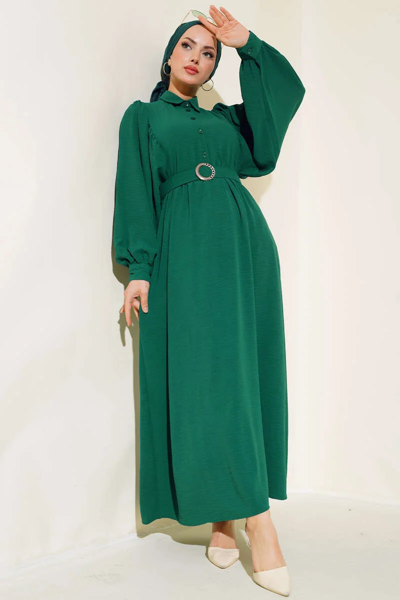 Balloon Sleeve Shirt Collar Dress Emerald