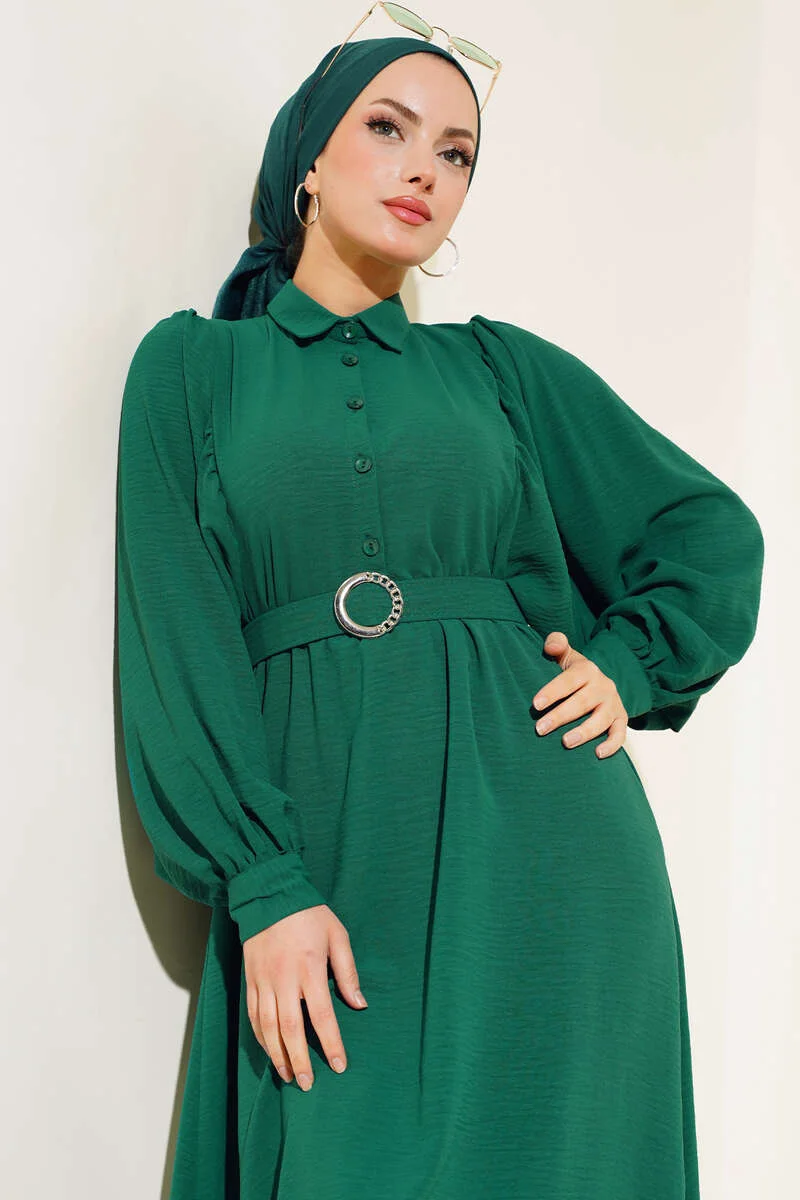 Balloon Sleeve Shirt Collar Dress Emerald - Image 2