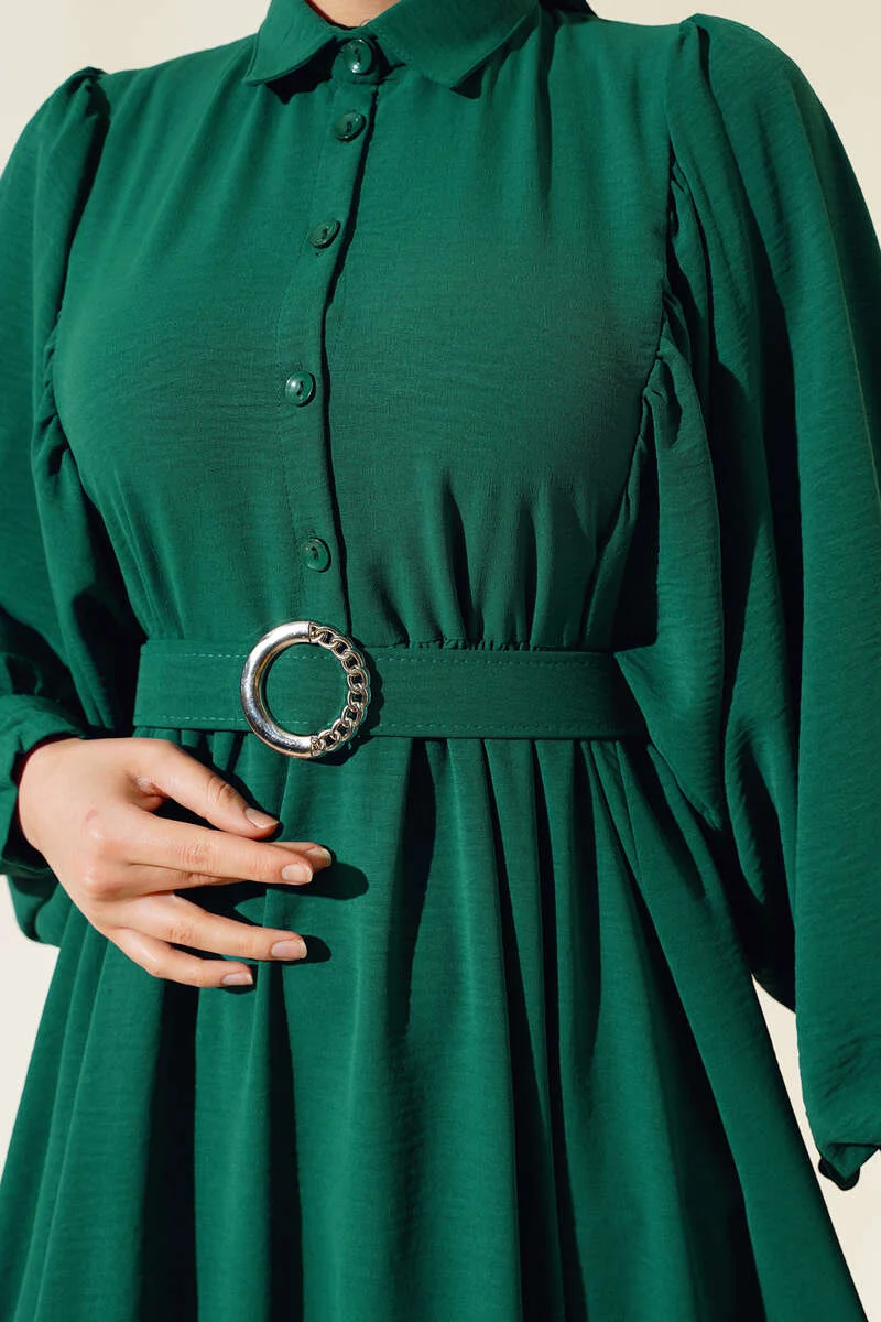 Balloon Sleeve Shirt Collar Dress Emerald - Image 4