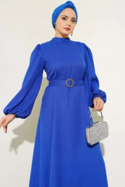 Balloon Sleeve Belted Flared Dress