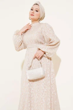 Alternative view of Balloon Sleeve Self-Patterned Dress Beige