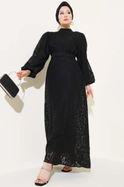 Balloon Sleeve Self-Patterned Dress Black