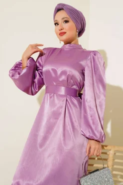 Balloon Sleeve Belted Satin Dress Lilac