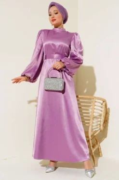 Alternative view of Balloon Sleeve Belted Satin Dress Lilac