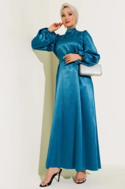 Balloon Sleeve Belted Satin Dress Petrol