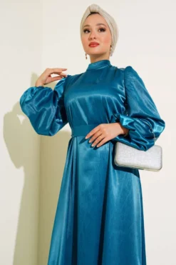 Alternative view of Balloon Sleeve Belted Satin Dress Petrol