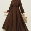 Balloon Sleeve Belted Dress Brown