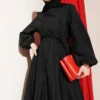 Balloon Sleeve Belted Dress Black