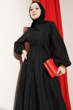 Balloon Sleeve Belted Dress Black wholesale dress - Hicabistan Turkey factory