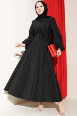 Balloon Sleeve Belted Dress Black wholesale dress view 2 - Hicabistan Turkey factory