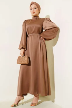 Balloon Sleeve Satin Evening Dress
