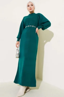 Balloon Sleeve Knit Dress Emerald بالجملة dress - Hicabistan مصنع تركيا