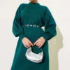 Balloon Sleeve Knit Dress Emerald wholesale dress view 2 - Hicabistan Turkey factory