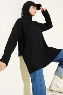 Basic Drop Shoulder Oversized Knit Tunic Black