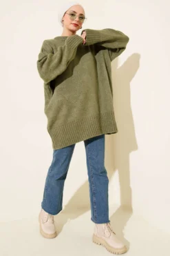 Basic Oversized Knit Tunic Khaki groothandel tunic view 2 - Hicabistan Turkije fabriek