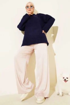 Basic Oversized Knit Tunic Navy Blue groothandel tunic view 2 - Hicabistan Turkije fabriek