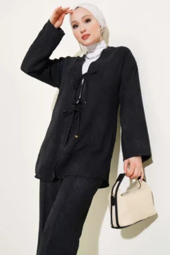 Batik Pattern Front Tie Two-Piece Set Black بالجملة clothing set view 2 - Hicabistan مصنع تركيا
