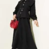 Baby Collar Waist Elastic Belted Skirt Set Black