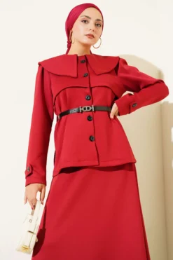 Buttoned Baby Collar Skirt Set Burgundy all'ingrosso clothing set view 2 - Hicabistan fabbrica Turchia