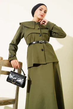 Buttoned Baby Collar Skirt Set Khaki all'ingrosso clothing set view 2 - Hicabistan fabbrica Turchia