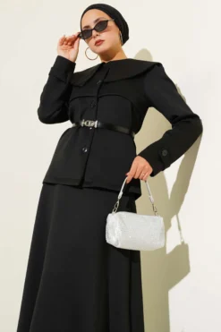 Buttoned Baby Collar Skirt Set Black all'ingrosso clothing set view 2 - Hicabistan fabbrica Turchia