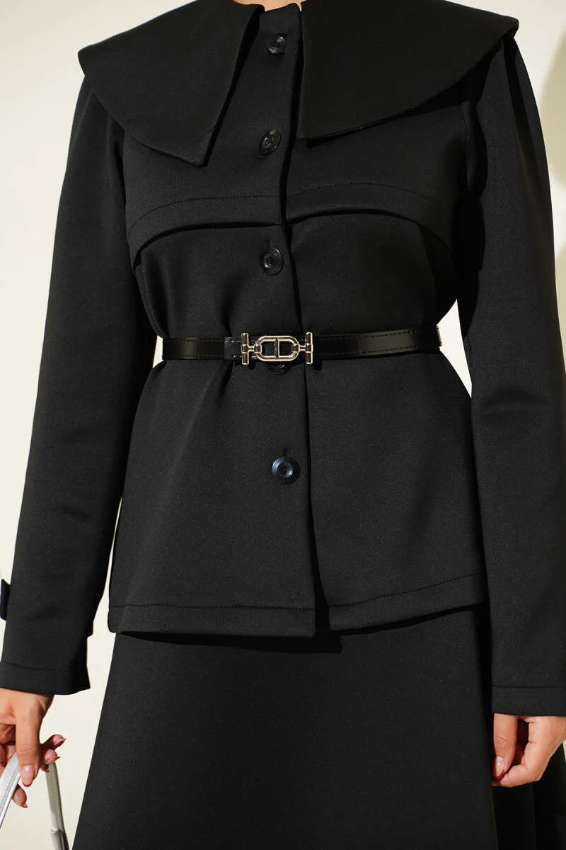 Buttoned Baby Collar Skirt Set Black Großhandel clothing set view 4 - Hicabistan Türkei Fabrik