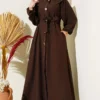 Dress with Baby Collar and Stitch Details Brown