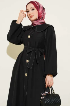 Dress with Baby Collar and Stitch Details Black groothandel dress view 2 - Hicabistan Turkije fabriek