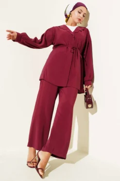 Baby Collar Tie Waist Two-Piece Set Burgundy