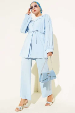 Baby Collar Tie Waist Two-Piece Set Blue