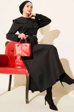 Baby Collar Belted Scuba Two-Piece Skirt Set Black