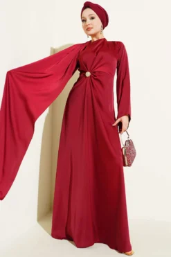 Satin Evening Dress with Waist Drawstring Detail Burgundy all'ingrosso dress - Hicabistan fabbrica Turchia