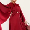 Satin Evening Dress with Waist Drawstring Detail Burgundy all'ingrosso dress view 2 - Hicabistan fabbrica Turchia