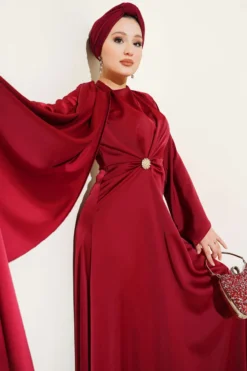Satin Evening Dress with Waist Drawstring Detail Burgundy all'ingrosso dress view 2 - Hicabistan fabbrica Turchia