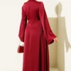 Satin Evening Dress with Waist Drawstring Detail Burgundy all'ingrosso dress view 3 - Hicabistan fabbrica Turchia