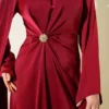 Satin Evening Dress with Waist Drawstring Detail Burgundy all'ingrosso dress view 4 - Hicabistan fabbrica Turchia
