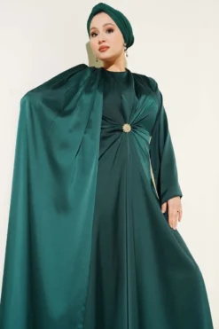 Satin Evening Dress with Waist Drawstring Detail Emerald all'ingrosso dress - Hicabistan fabbrica Turchia