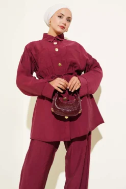 Alternative view of Belted Pocket Two-Piece Set Burgundy