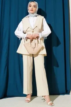 Belted Vest Two-Piece Set Stone wholesale clothing set view 2 - Hicabistan Turkey factory