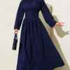 Belted Flared Dress Navy Blue all'ingrosso dress - Hicabistan fabbrica Turchia