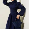 Belted Flared Dress Navy Blue all'ingrosso dress view 2 - Hicabistan fabbrica Turchia