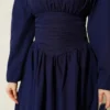 Belted Flared Dress Navy Blue all'ingrosso dress view 4 - Hicabistan fabbrica Turchia