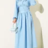 Belted Flared Dress Blue all'ingrosso dress - Hicabistan fabbrica Turchia