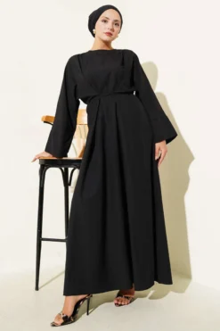 Belted Oversize Basic Dress Black all'ingrosso dress - Hicabistan fabbrica Turchia