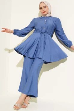 Belted Stone Button Tunic Set Indigo