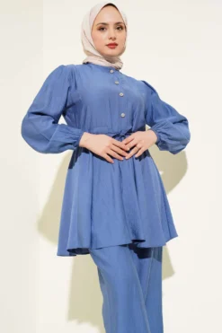 Alternative view of Belted Stone Button Tunic Set Indigo