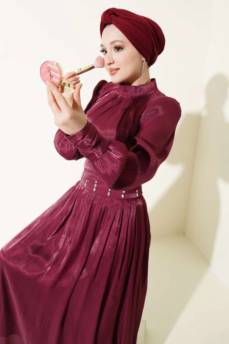 Belt Corset Detailed Stone Embellished Evening Dress Burgundy wholesale dress - Hicabistan Turkey factory