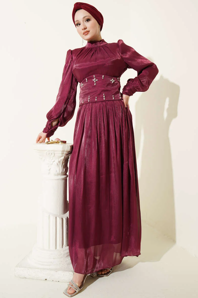 Belt Corset Detailed Stone Embellished Evening Dress Burgundy wholesale dress view 2 - Hicabistan Turkey factory
