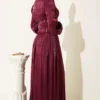 Belt Corset Detailed Stone Embellished Evening Dress Burgundy wholesale dress view 3 - Hicabistan Turkey factory