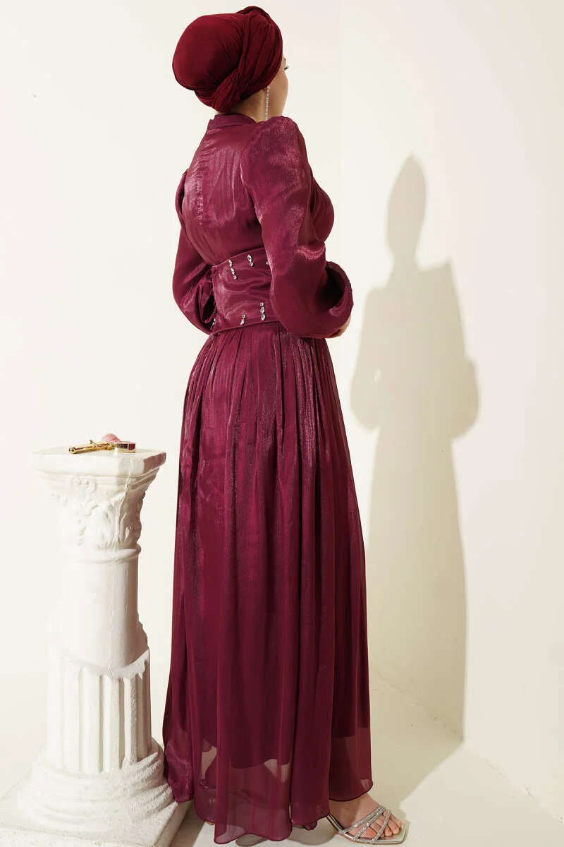 Belt Corset Detailed Stone Embellished Evening Dress Burgundy wholesale dress view 3 - Hicabistan Turkey factory